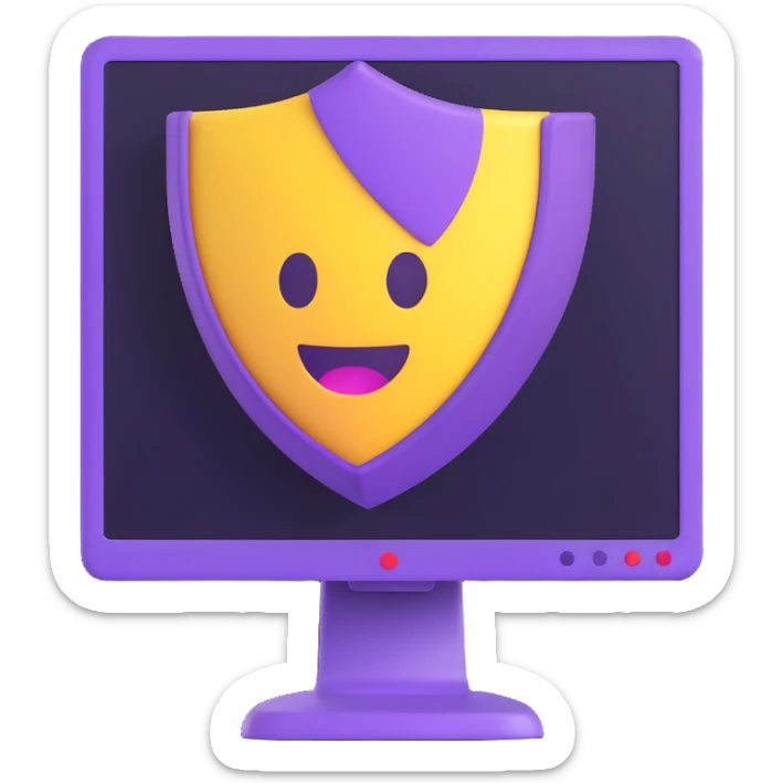 purple team cyber security emoji showing a computer monitor with a purple shield and digital effects in modern emoji style sticker