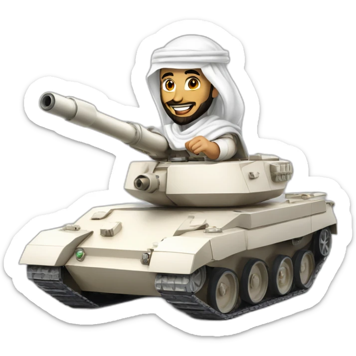 prince from Saudi Arabia with a beard in a white  shemagh national headdress riding  on a tank, smiling sticker