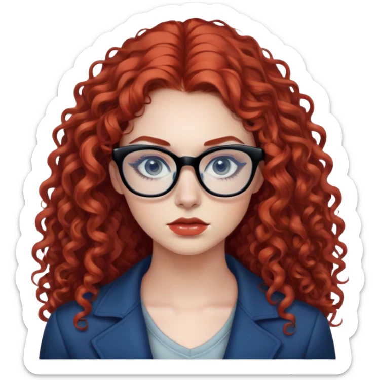 Nữ 25 tuổi, da trắng, tóc dài xoăn nhẹ màu đỏ, gọng kính màu đen, mắt kính màu xanh dương ,hơi trong suốt nhìn thấy mắt, mặt nghiêm túc, lông mi dài, trang điểm khá đậm sticker