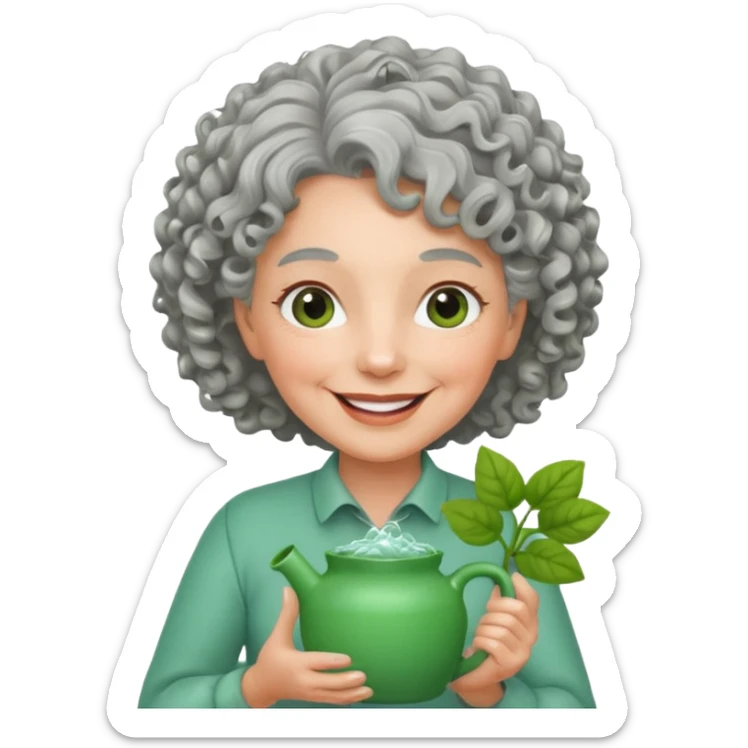 Older female florist – curly hair, holding garden water pot sticker