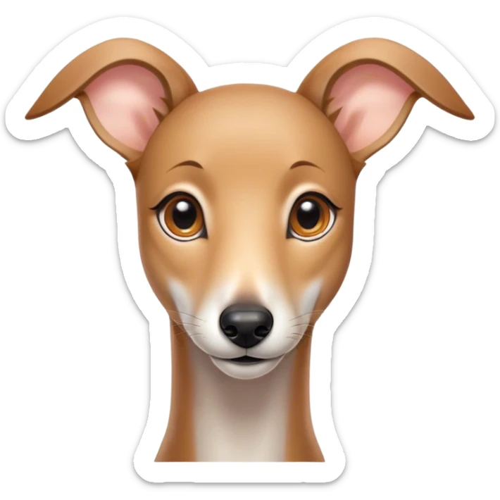 Cinematic Cute Fawn Greyhound Portrait Emoji, Head tilted playfully and inquisitively, featuring a sleek fawn Fur with a gentle sheen, round, sparkling eyes filled with curiosity, Simplified yet irresistibly adorable features, highly detailed, glowing with a warm, friendly glow, high shine, affectionate and nimble, stylized with a touch of whimsy, bright and endearing, soft glowing outline, capturing the essence of a mischievous yet loving racer, so playful it feels like it could sprint out of the screen and into your arms! sticker