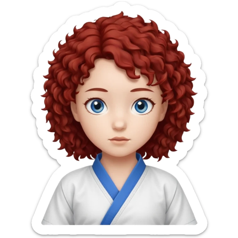 generate a young girl with dark red curly hair, blue eyes. in a white karate outfit  sticker
