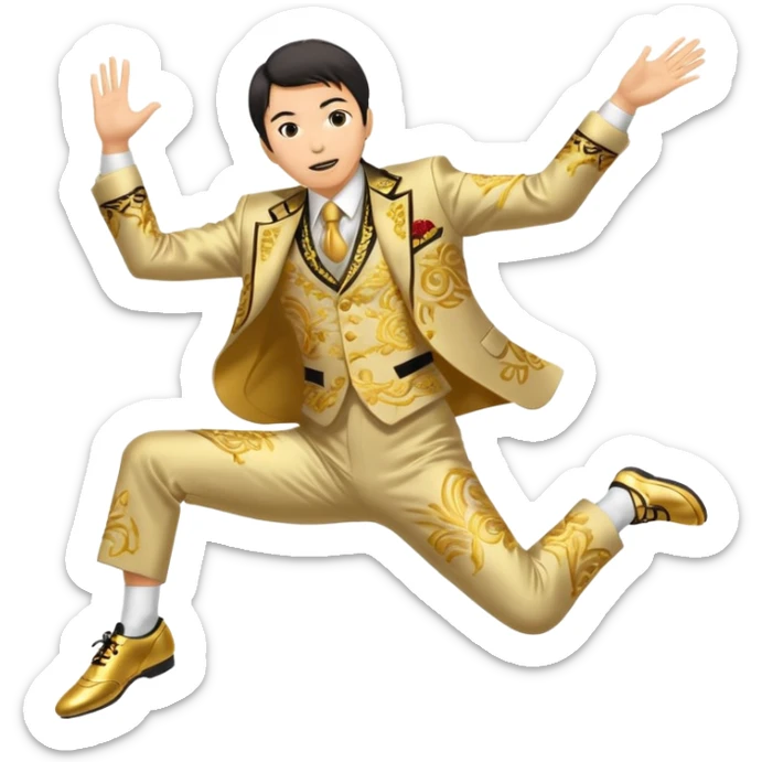 japanese yoshiro nakamatsu in crazy gold emroidered suit jumping in jumping shoes sticker