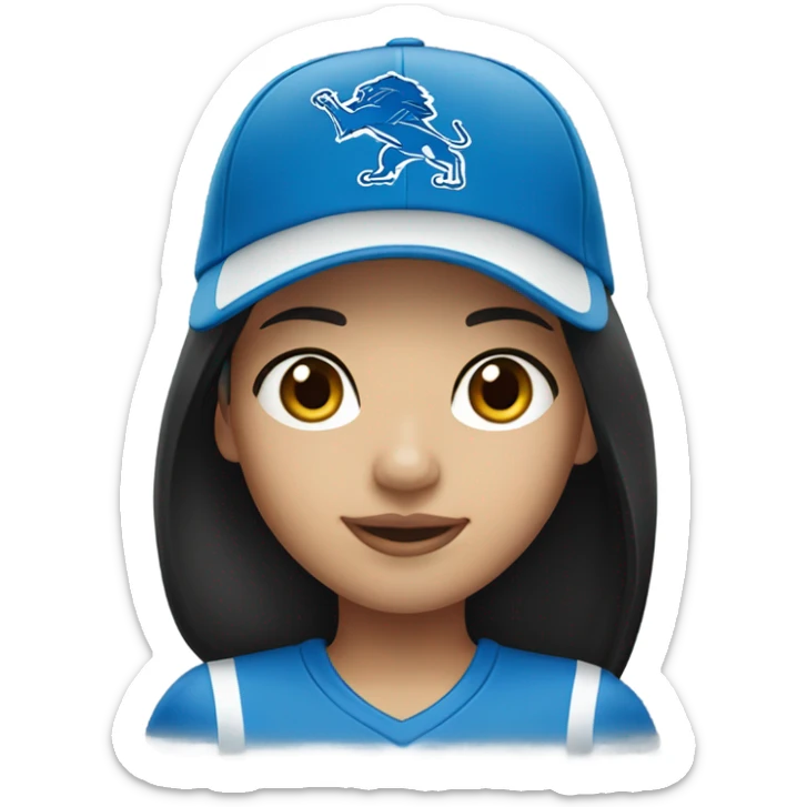 Asian girl with straight black hair wearing a Detroit Lions hat sticker