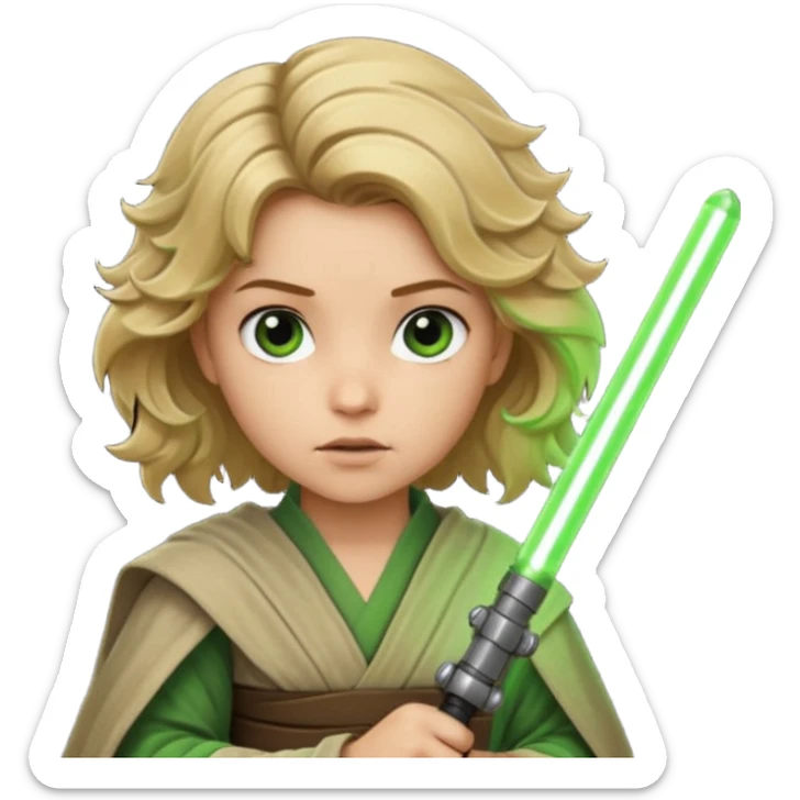 Young jedi with dirty blonde wavy hair holding a green lightsaber sticker
