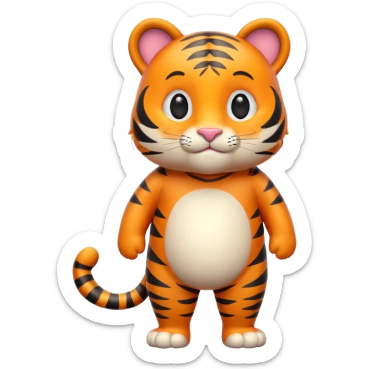 Cute tiger emoji, full body, standing pose, smiling face, big round eyes, orange fur with black stripes, chubby and adorable, short legs, small ears, 3D emoji style, smooth shading, bright colors, simple clean design, transparent background sticker