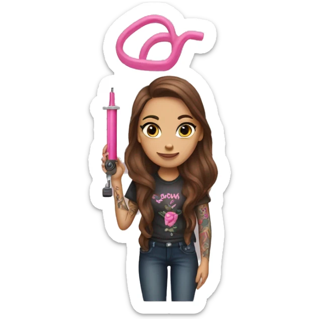 Female Tattoo Artist with Long Brown Hair and a Pink Tattoo machine  sticker