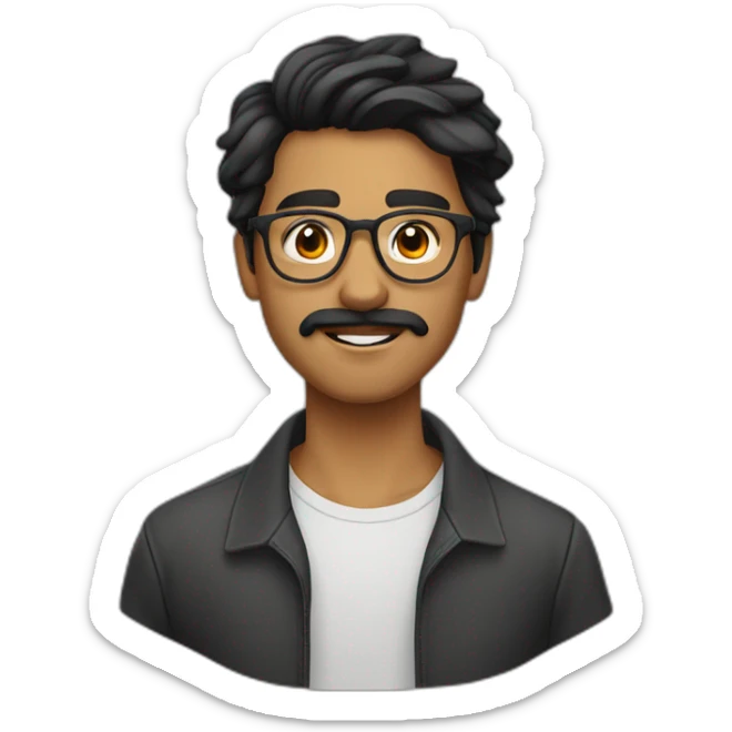 Indian teenager with light moustache and a goatee, with long wavy black hair,jawline, wearing glasses sticker