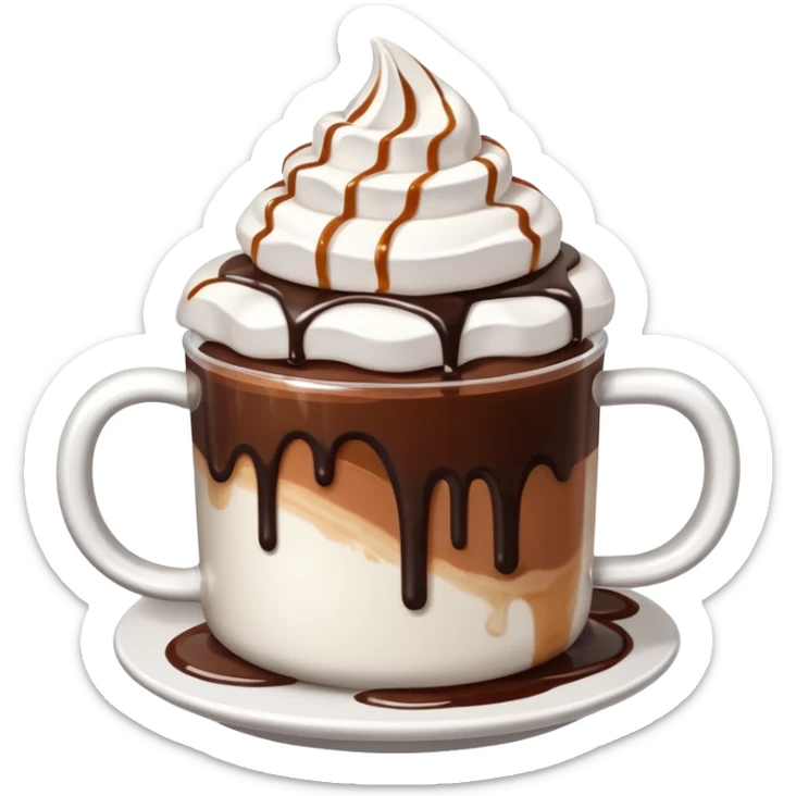 A cup of hot chocolate. With whipped crea On top, Caramel  Sauce on top. And chocolate sauce on top with marshmallows on top. sticker