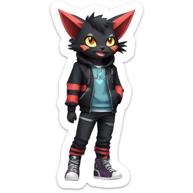 Cool Anthro Black Noibat-Quilava-Litten-Pokémon with edgy stripes hoodie spiked collar punk Full Body sticker