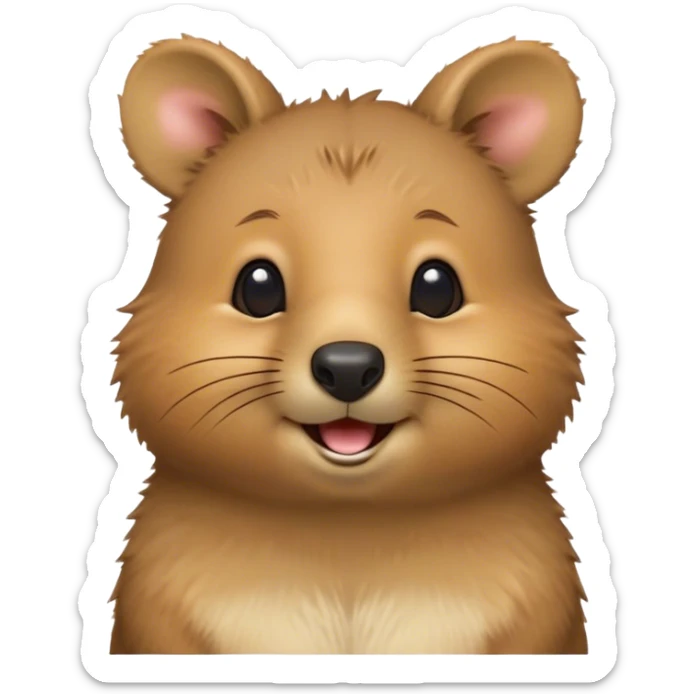 Cinematic Cute Quokka Portrait Emoji, Head tilted playfully and inquisitively, featuring a fluffy, round face with a naturally cheerful grin and bright, sparkling eyes full of playful curiosity, Simplified yet irresistibly adorable features, highly detailed, glowing with a warm, friendly glow, high shine, affectionate and spirited, stylized with a touch of Aussie whimsy, bright and endearing, soft glowing outline, capturing the essence of a mischievous yet loving quokka, so playful it feels like it could scamper out of the screen and into your arms! sticker