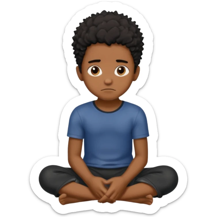 cute brown skin boy, no smile just sitting there looking tuff, black hair, sponge messy freeform’s.  sticker