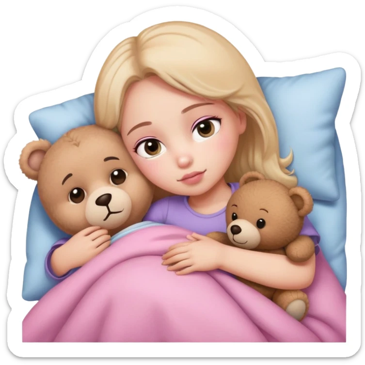 A big eyed girl is sleeping with a teddy bear in her arms Pink series sticker