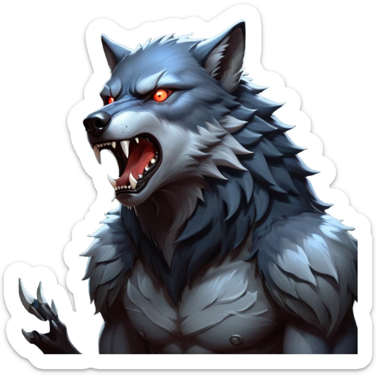 cinematic-noble-fierce-werewolf-howling-portrait-emoji, poised-and-imposing, with a fierce wolfish face tilted upwards in a haunting howl, glowing eyes full of primal ferocity, sharp, elongated fangs bared, and a rugged snout, fur rippling in shades of midnight black and silver, muscles tensed as the powerful howl echoes beneath the moonlit sky; rendered with realism, capturing the raw, untamed power of the beast in its wild, primal state sticker