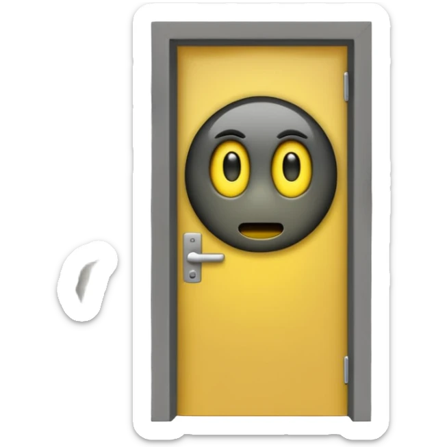 Minimalist emoji-style sticker of a half-open door, with smoke and a single glowing eye visible in the dark inside. Flat design, desaturated colors.
 sticker