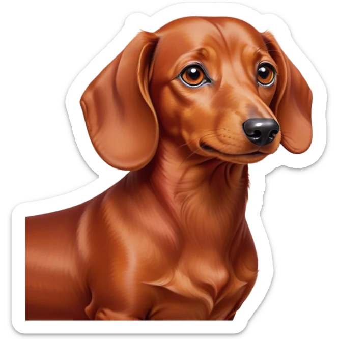 Cinematic Noble Red Dachshund Portrait Emoji, Poised and regal, with a long, low-slung build and a smooth, well-groomed red coat, deep-set soulful brown eyes, Simplified yet sharp and sophisticated features, highly detailed, glowing with a soft, dignified glow, high shine, intelligent and determined, stylized with an air of charm, focused and attentive, soft glowing outline, capturing the essence of a watchful and confident companion, so majestic it feels as though it could slide out of the screen with effortless authority! sticker