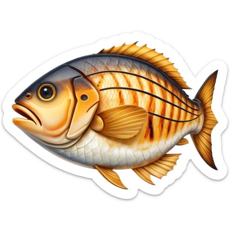 Cinematic Realistic Gradele (Grilled Fish) Dish Emoji, depicted as perfectly grilled fish with a smoky, charred finish rendered with lifelike detail and appetizing, natural lighting. sticker