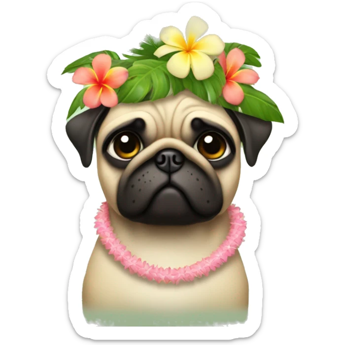 pug in a hula skirt with a coconut bra and a lei and a flower crown sticker