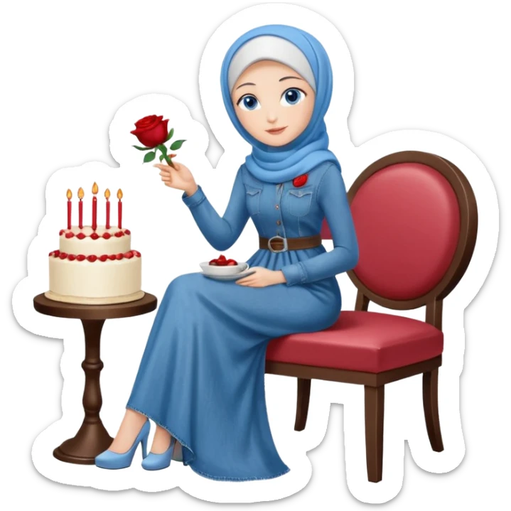 Turkish beautiful finish Konya girl blue eyes with denim hijab long tail dress and sits on the modernized white coffee house on a white chair and holds rose cake with her hand  sticker