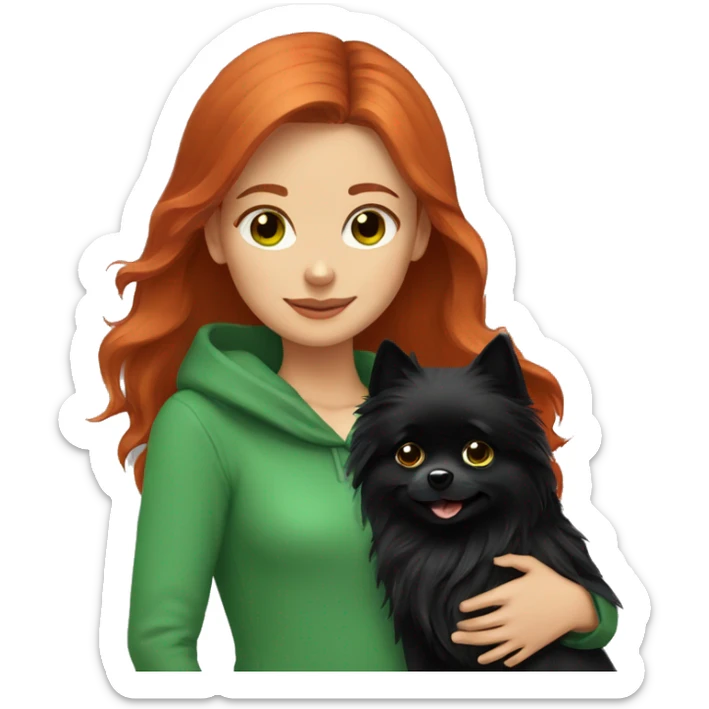 Red-haired-girl-with-green-eyes -hugs-her-black-pomeranian-dog sticker