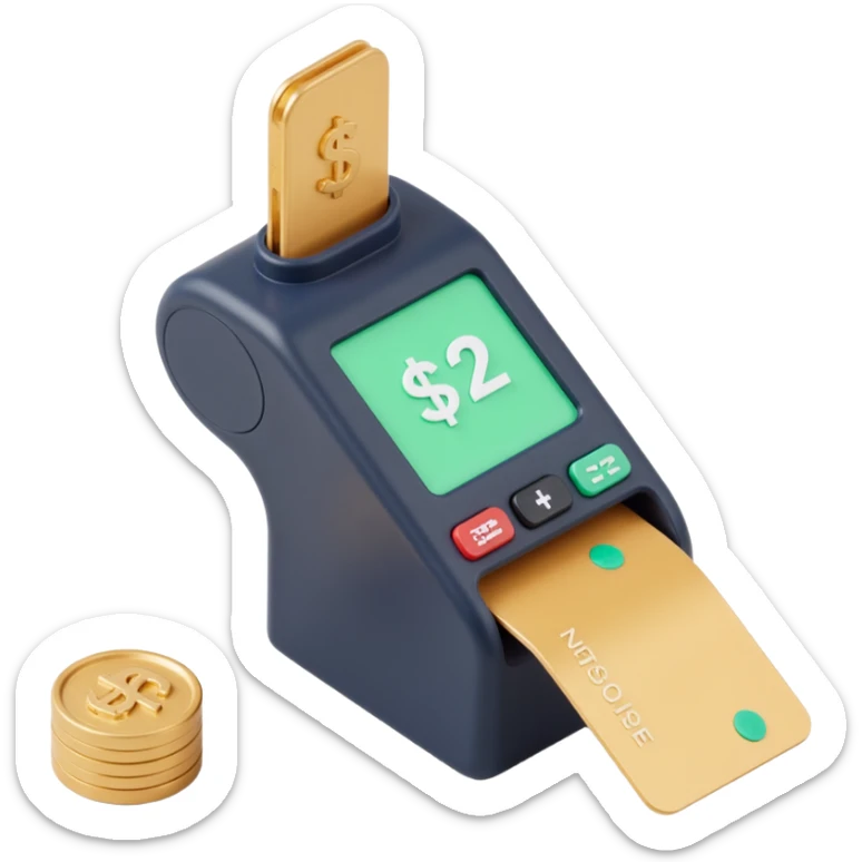 POS machine with a credit card being swiped, skeuomorphism icon style, realistic and shiny sticker