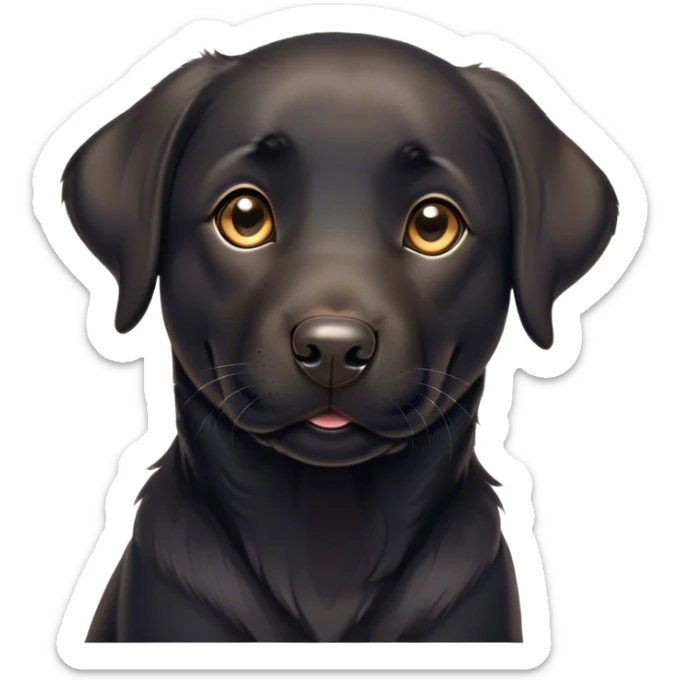 Cinematic Cute Black Labrador Portrait Emoji, Head tilted playfully and inquisitively, featuring a glossy black Fur with a healthy sheen, round, sparkling brown eyes filled with curiosity, Simplified yet irresistibly adorable features, highly detailed, glowing with a warm, friendly glow, high shine, affectionate and spirited, stylized with a touch of whimsy, bright and endearing, soft glowing outline, capturing the essence of a mischievous yet loving companion, so playful it feels like it could dash out of the screen and into your arms! sticker
