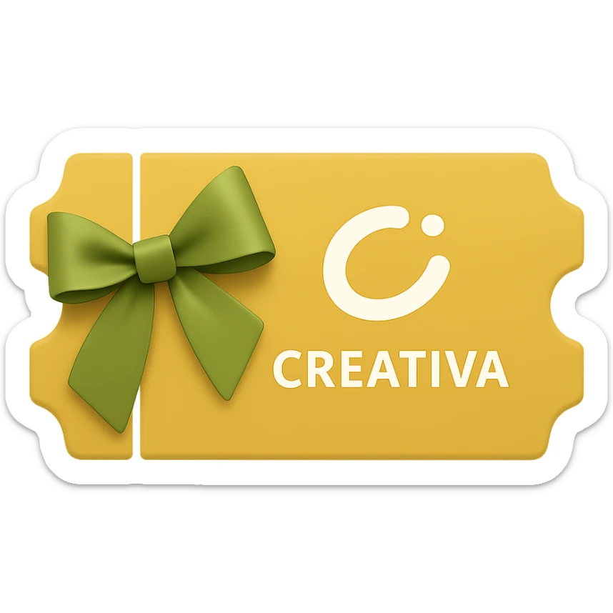 Create an emoji icon in the style of a golden ticket with a green ribbon and the white CREATIVA logo, closely resembling the original image. The emoji should have no background and maintain the look of a golden ticket with a green ribbon and white logo. sticker