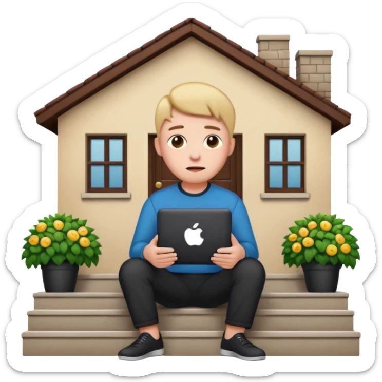 a home which has garden like and the home has slack emoji, where on the house steps, a blob holding black mac should sit and should look like wiork sticker