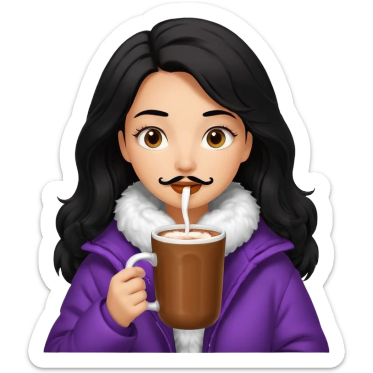 Tanned Girl with lashes , black hair, in an extremely big fluffy oversized jacket, and drinking hot chocolate drink sticker