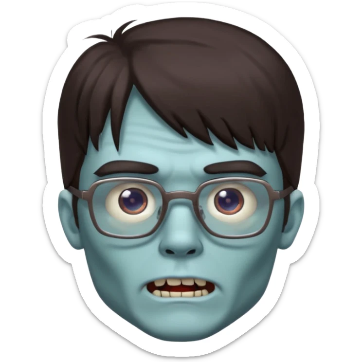 an emoji of a male zombie with dark brown hair and bangs that cover your entire forehead and extend to your eyebrows, wearing square, bluish glasses. sticker