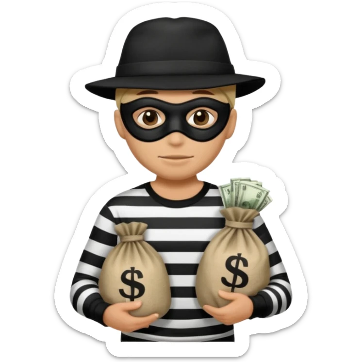 Crea un ladrón con un sombrero de delincuente y un saco de dinero, el ladrón tiene una camisa de rayas negras y blancas y el rostro un antifaz color negro. sticker