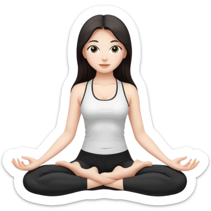 Девушка белокожая, с длинными темными волосами, в одежде для йоги - черные лосины, белый топ, сидит в позе лотоса, правильные пропорции тела, только человек sticker