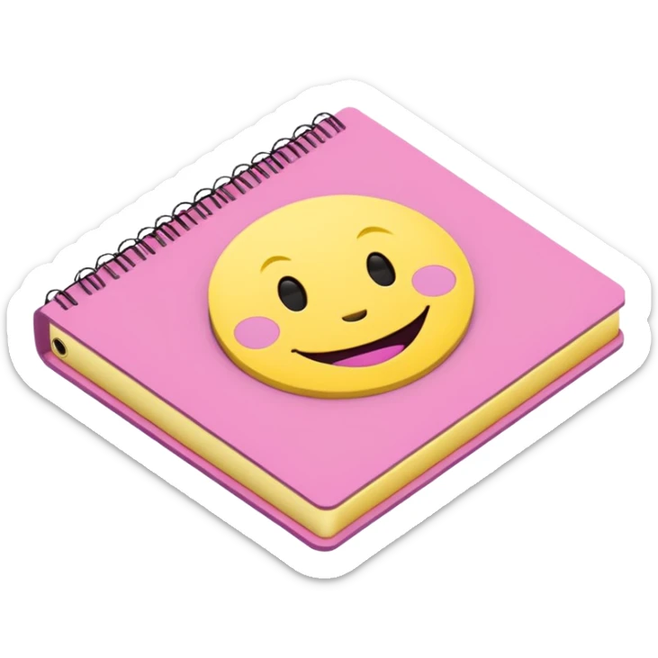 libreta de anillos rosada en perspectiva isometrica con sticker de carita feliz amarilla sticker