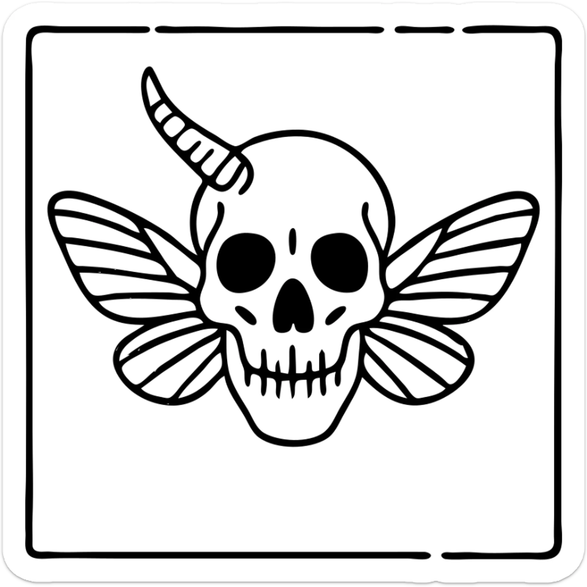 minimal red horror line art of minotaur-stoat hybrid skull with broken horn and eye, with moth wings, mostly empty middle with simple thin outline frame around the entire design, frame intentionally weathered and incomplete in spots, sparse horrific details, 100% red sticker