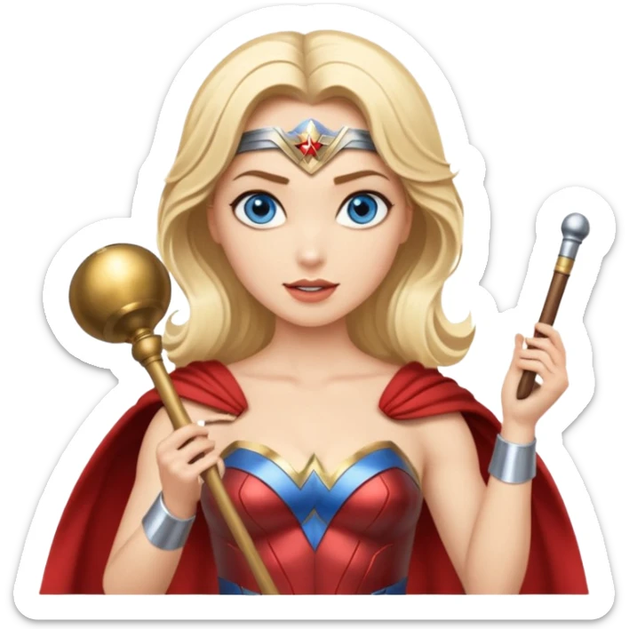 Blonde blue eyes Wonder Woman holding bell and short white orchestra conductor’s baton  sticker