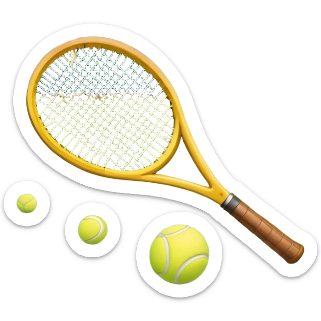 A tennis racket and ball positioned on a grass court, with the net and lines clearly visible in the background. The scene emphasizes the classic elements of the sport, capturing the energy and precision of a tennis match. sticker