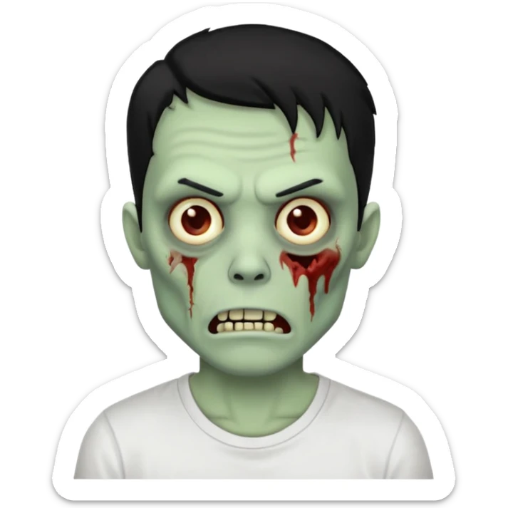 Rosto de frente classico de zombie boca meio torta cabelos pretos no corte low fade com pele verde clara camiseta branca sticker