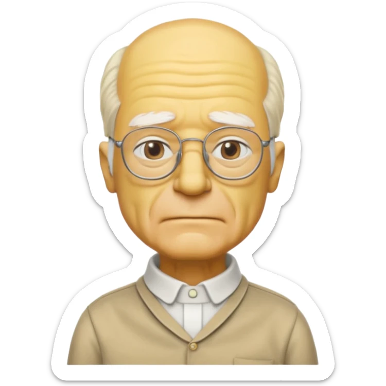A 3D cartoon close-up of Grandpa Abe Simpson, yellow skin, bald head with side tufts of white hair, glasses, wrinkled face, beige shirt with collar, soft yellow lighting, cinematic Memoji-style portrait consistent with other Simpsons family members. sticker