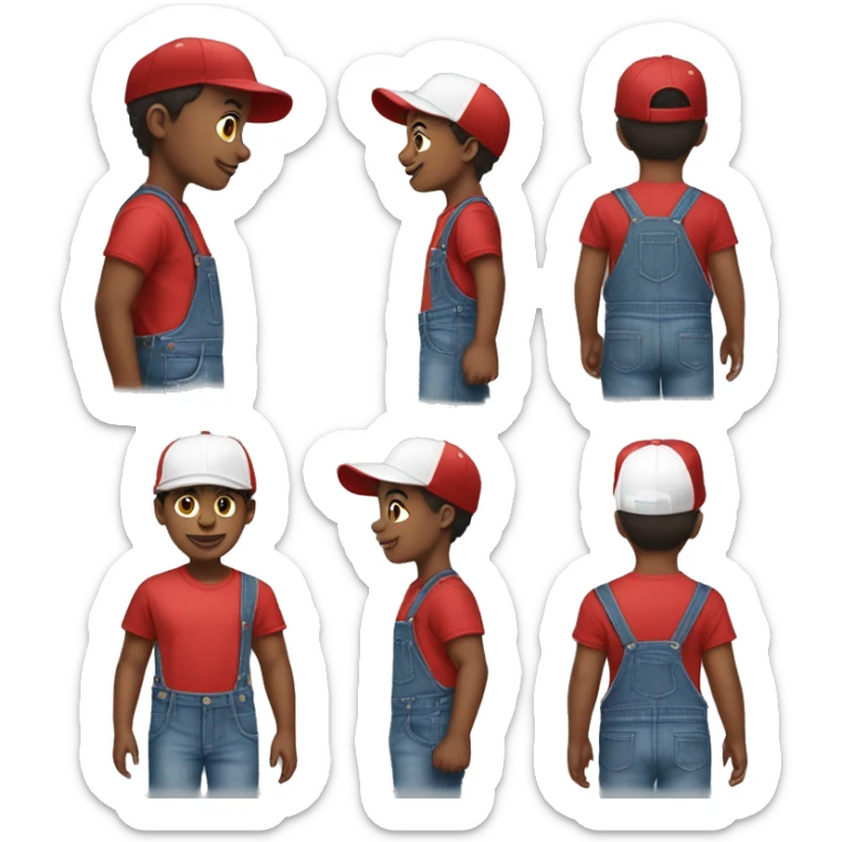 African American Boy

Clothing: Wearing a red t-shirt with denim overalls, white sneakers, and a baseball cap turned backward sticker