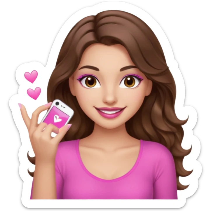 girl with long wavy brown hair, brown eyes, long lashes, sexy pink lips, light to medium complexion, wearing a pink sexy top, smiling, finger tips touching sticker