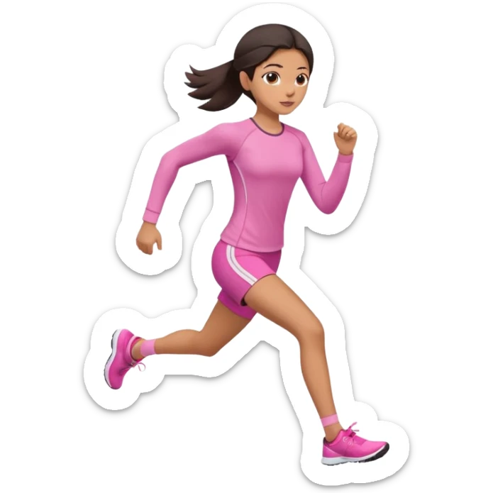 A girl in soft pink tight-fitting sportswear, a long-sleeved fitted top and shorts, is running. Her hair is dark and straight, neatly styled. sticker