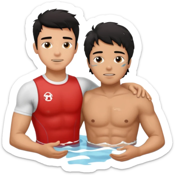 Dark Tan Muscular teen lifeguard boy with messy black hair rescuing old lady in pool sticker