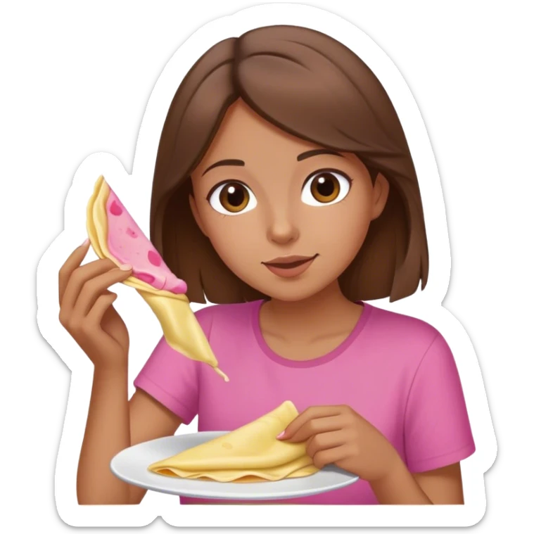 Girl with brown hair and pink shirt eating crepe sticker