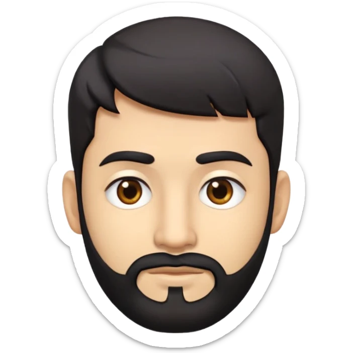 Emoji man's head of South Asian male with light skin, 5 o-clock shadow thin beard, short sides hairstyle with longer layers in top, bangs, right side hair part, and black hair. Medium fair-skinned Pakistani. Brown eyes. Head only, no torso. sticker