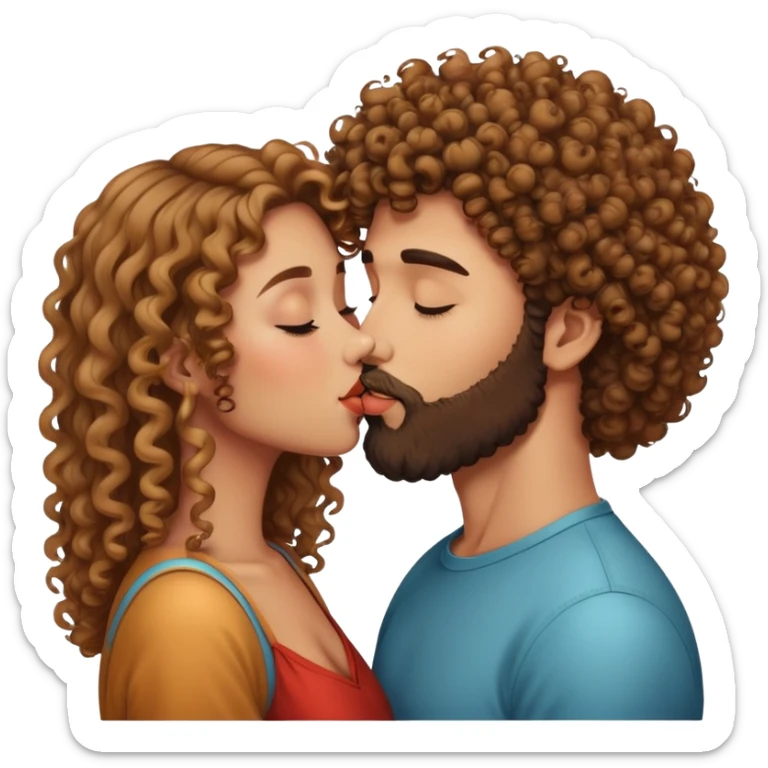 Curly haired girl kissing straight hair man with beard, romantic couple kiss sticker