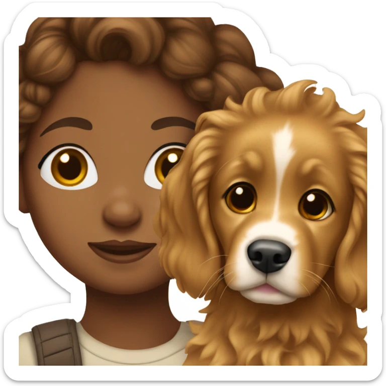 Brown girl with brown curly hair with a golden retriever puppy sticker