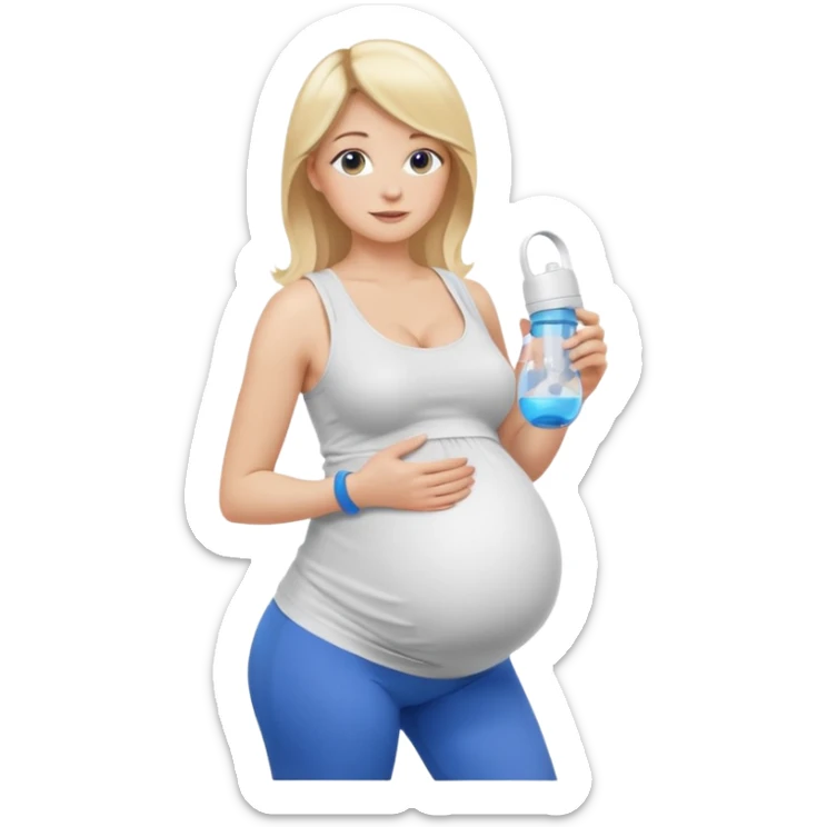 Woman blonde hair white tank top blue leggings pregnant belly holding a pump sticker
