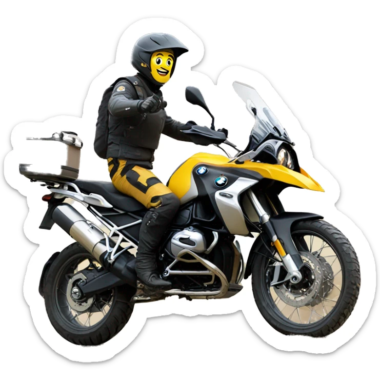 man waving while driving a yellow bmw f750gs on gravel road sticker