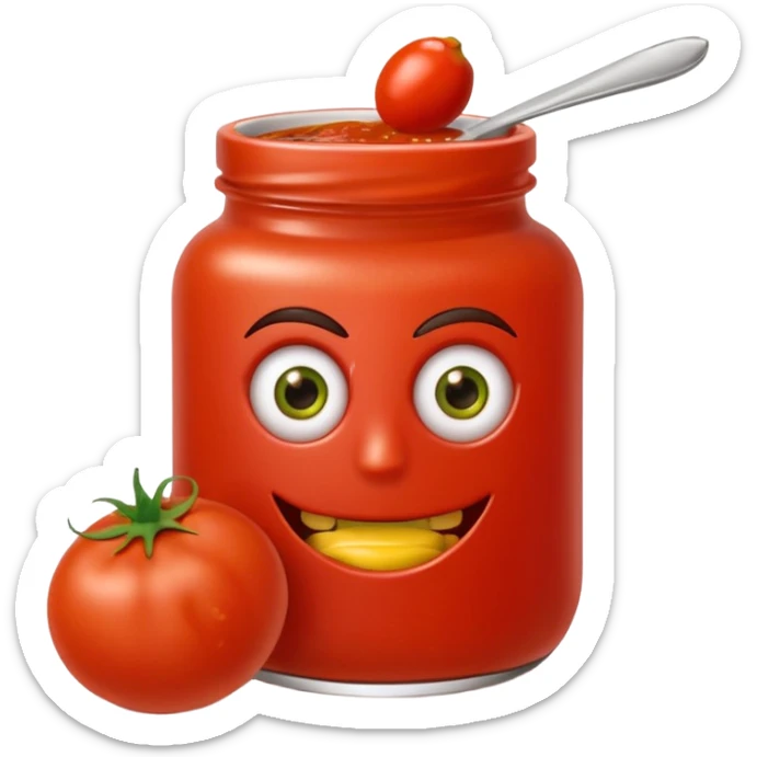 Un tarro de salsa de tomate y un tarro de salsa de mostaza al uno al lado del otro, los dos tarros con ojos sticker