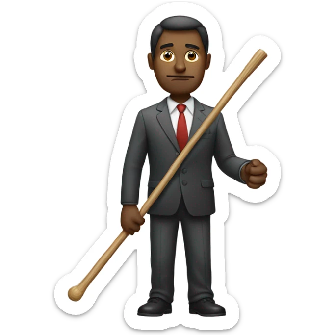 Man sticking out his hand with money and a scowl and a stick in the other hand sticker